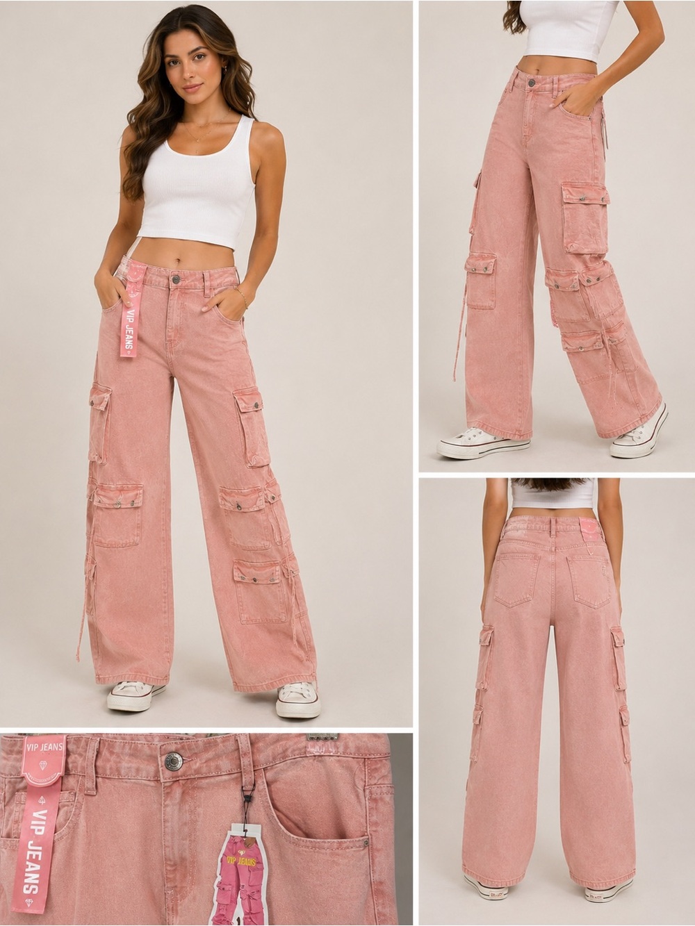 VIP Jeans Pink Multi Pocket Wide Leg Cargo Jeans Size 13/31 NWT